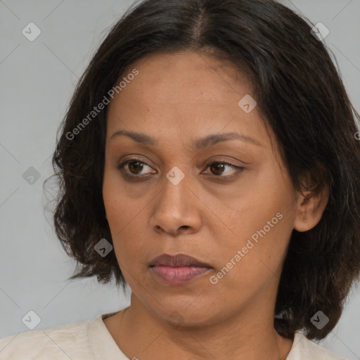 Joyful white adult female with medium  brown hair and brown eyes