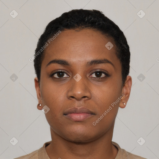 Neutral black young-adult female with short  black hair and brown eyes