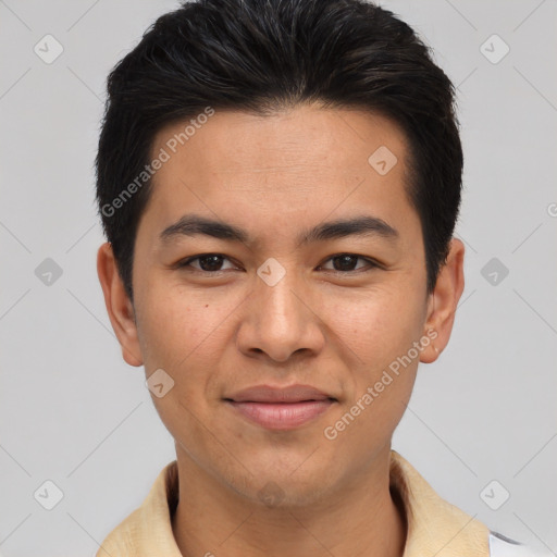 Joyful asian young-adult male with short  brown hair and brown eyes