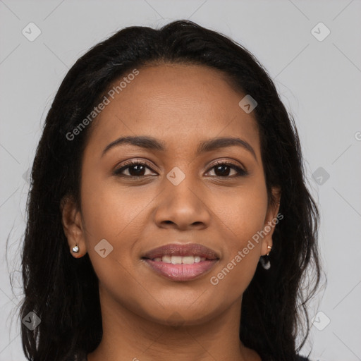 Joyful latino young-adult female with long  brown hair and brown eyes