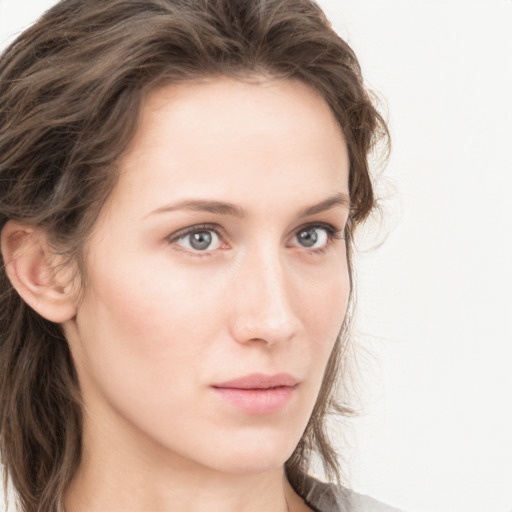 Neutral white young-adult female with long  brown hair and grey eyes