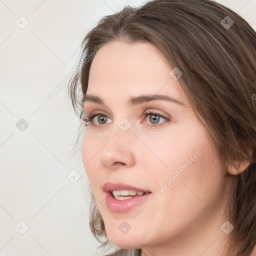 Neutral white young-adult female with medium  brown hair and grey eyes