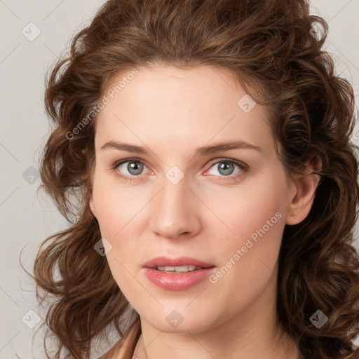 Joyful white young-adult female with medium  brown hair and green eyes