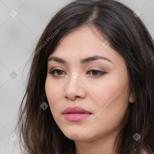 Neutral white young-adult female with long  brown hair and brown eyes