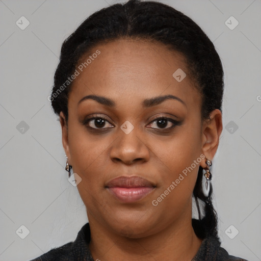 Joyful black young-adult female with medium  black hair and brown eyes