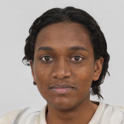 Neutral black young-adult female with short  black hair and brown eyes