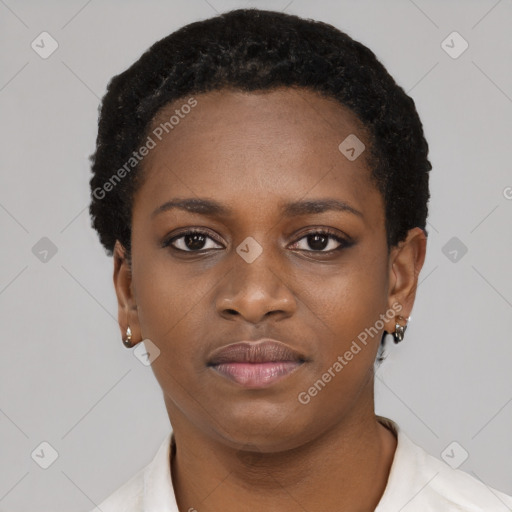 Neutral black young-adult female with short  black hair and brown eyes