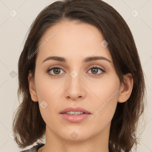 Neutral white young-adult female with medium  brown hair and brown eyes