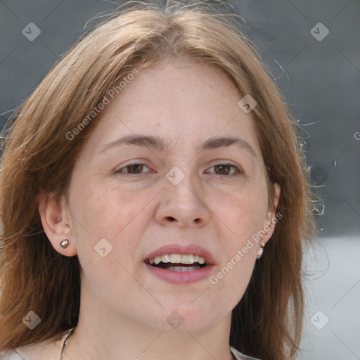 Joyful white adult female with medium  brown hair and brown eyes