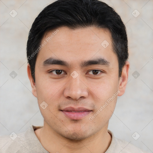 Joyful latino young-adult male with short  black hair and brown eyes