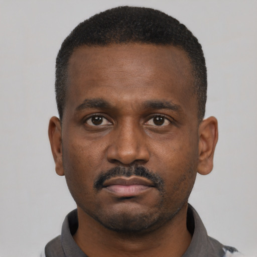 Neutral black young-adult male with short  black hair and brown eyes