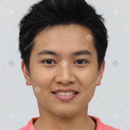 Joyful asian young-adult female with short  brown hair and brown eyes