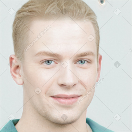 Joyful white young-adult male with short  brown hair and blue eyes