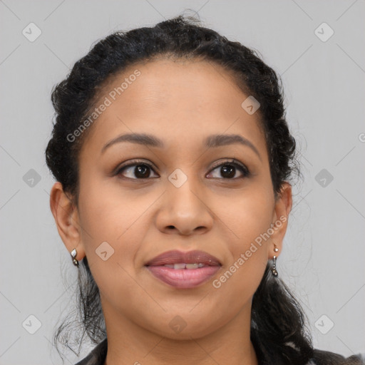 Joyful latino young-adult female with long  brown hair and brown eyes