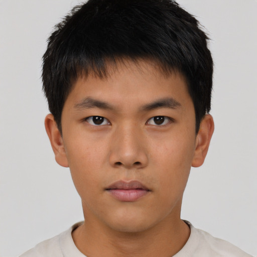 Neutral asian young-adult male with short  brown hair and brown eyes