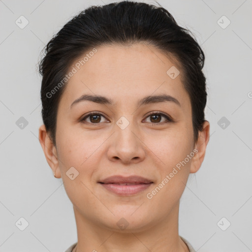 Joyful white young-adult female with short  brown hair and brown eyes