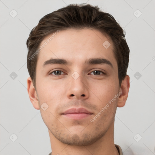 Neutral white young-adult male with short  brown hair and brown eyes