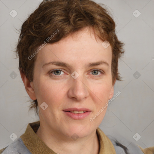 Joyful white young-adult female with medium  brown hair and blue eyes