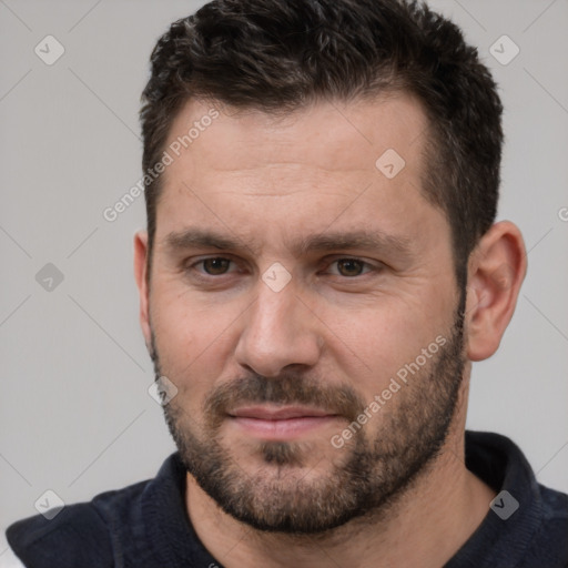 Neutral white adult male with short  brown hair and brown eyes