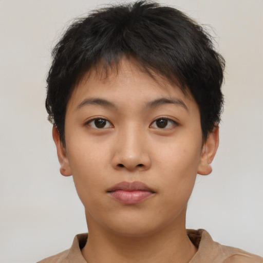 Neutral asian young-adult female with short  brown hair and brown eyes