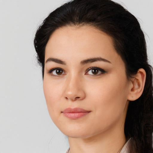 Neutral white young-adult female with long  black hair and brown eyes