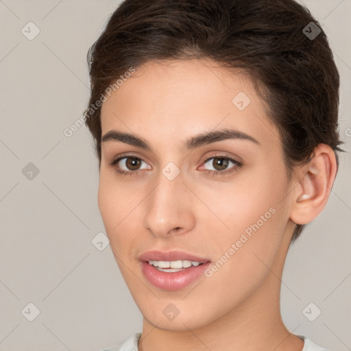 Joyful white young-adult female with short  brown hair and brown eyes