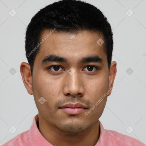 Neutral asian young-adult male with short  black hair and brown eyes