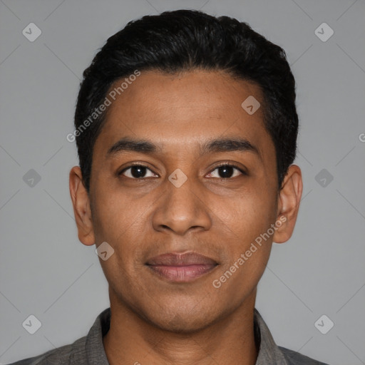 Joyful latino young-adult male with short  black hair and brown eyes