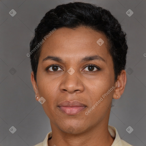 Neutral latino young-adult female with short  black hair and brown eyes