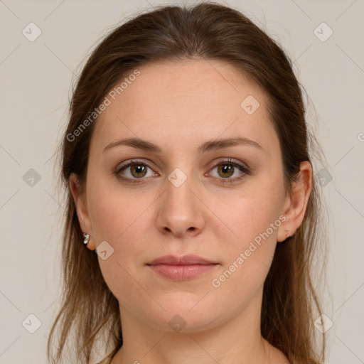 Neutral white young-adult female with long  brown hair and green eyes