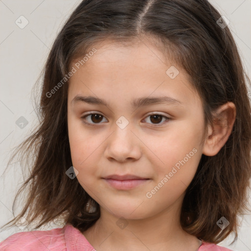 Joyful white child female with medium  brown hair and brown eyes