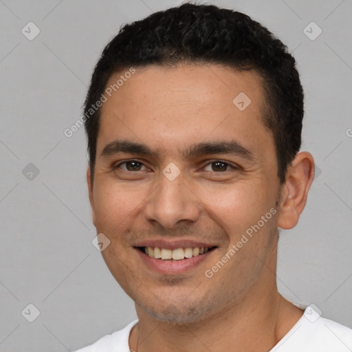 Joyful white young-adult male with short  brown hair and brown eyes