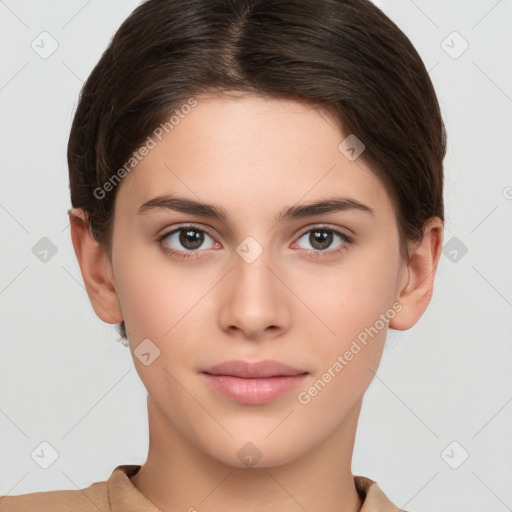 Neutral white young-adult female with short  brown hair and brown eyes