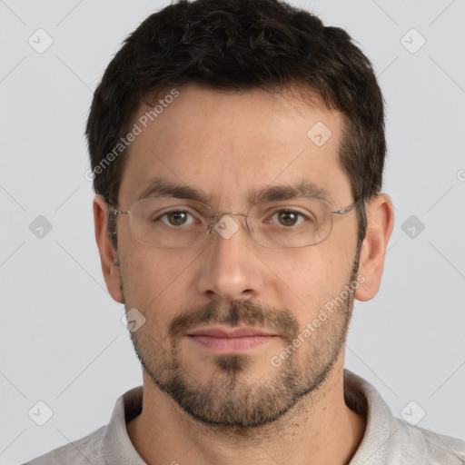 Neutral white adult male with short  brown hair and brown eyes