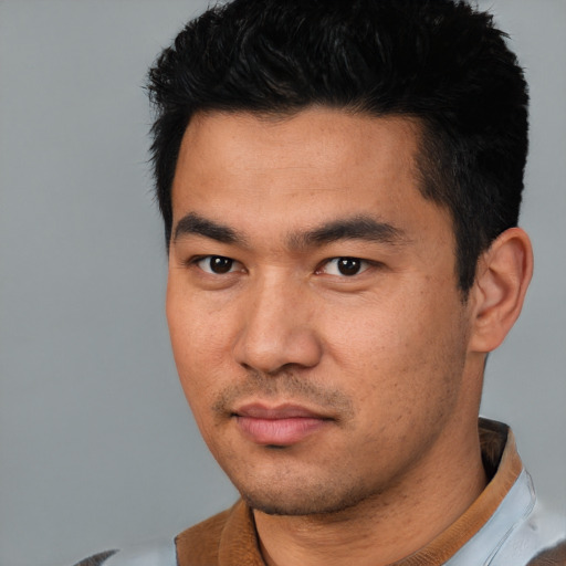 Neutral asian young-adult male with short  black hair and brown eyes