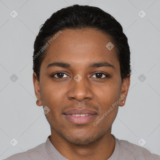 Neutral black young-adult male with short  black hair and brown eyes
