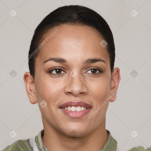 Joyful latino young-adult female with short  brown hair and brown eyes