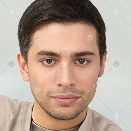 Neutral white young-adult male with short  brown hair and brown eyes