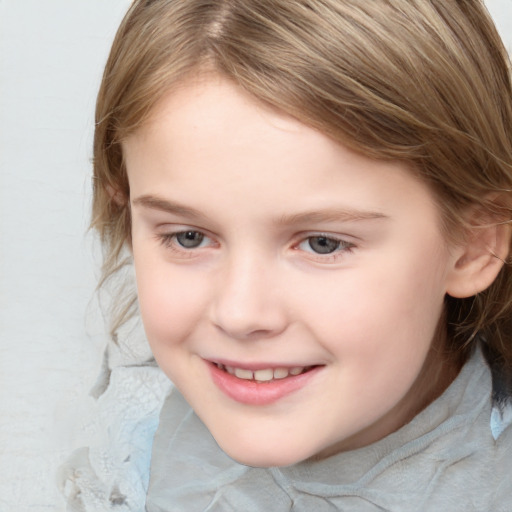 Joyful white child female with medium  brown hair and grey eyes