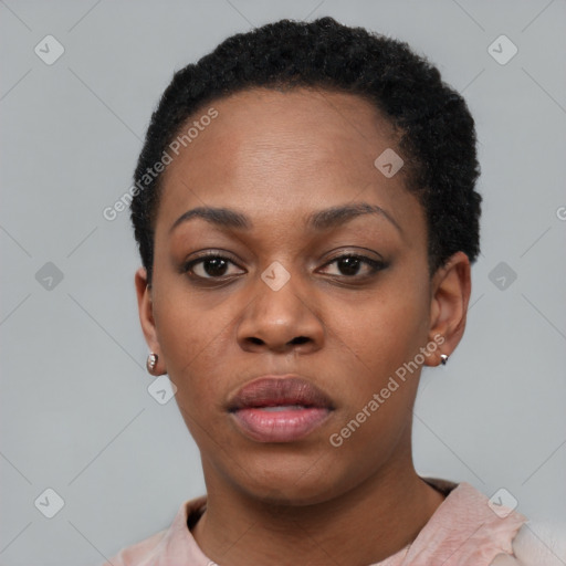 Neutral black young-adult female with short  black hair and brown eyes