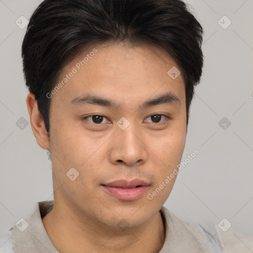 Neutral asian young-adult male with short  brown hair and brown eyes