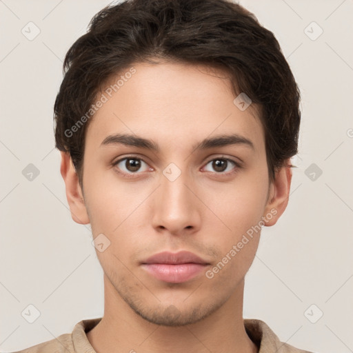 Neutral white young-adult male with short  brown hair and brown eyes