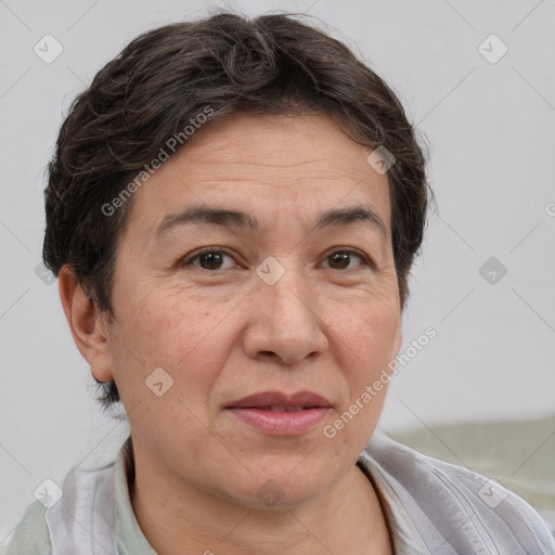 Joyful white adult female with short  brown hair and brown eyes