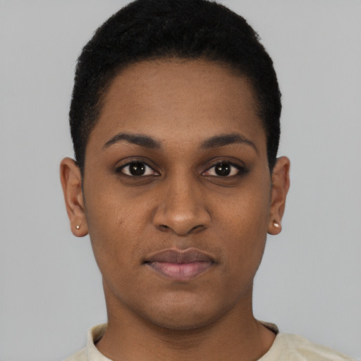 Neutral black young-adult female with short  black hair and brown eyes