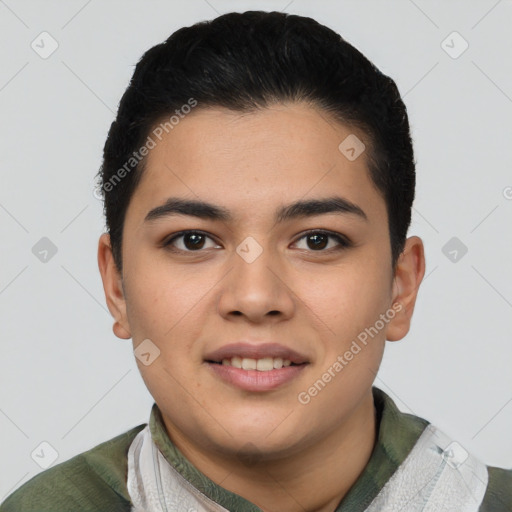 Joyful latino young-adult female with short  black hair and brown eyes