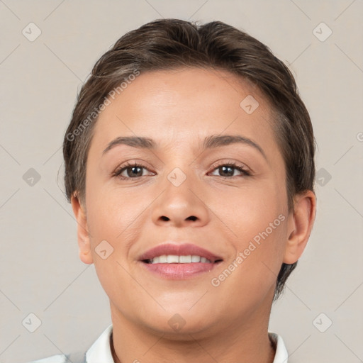 Joyful white young-adult female with short  brown hair and brown eyes