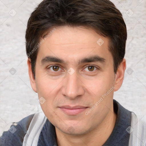 Joyful white young-adult male with short  brown hair and brown eyes