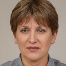 Joyful white adult female with short  brown hair and grey eyes