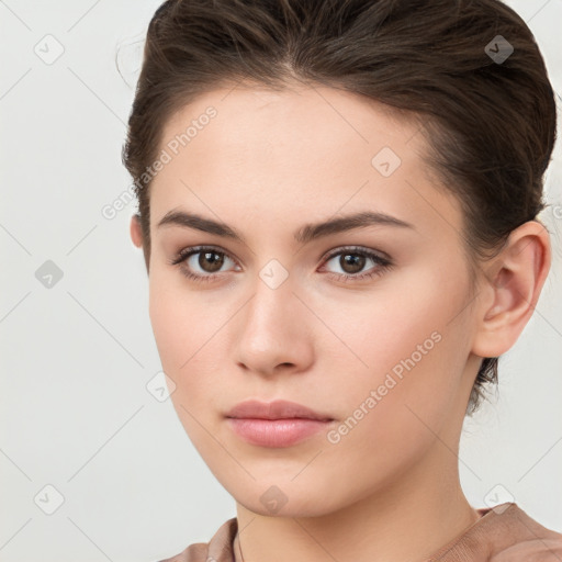 Neutral white young-adult female with short  brown hair and brown eyes