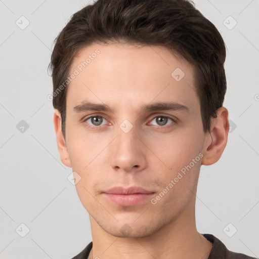 Neutral white young-adult male with short  brown hair and brown eyes